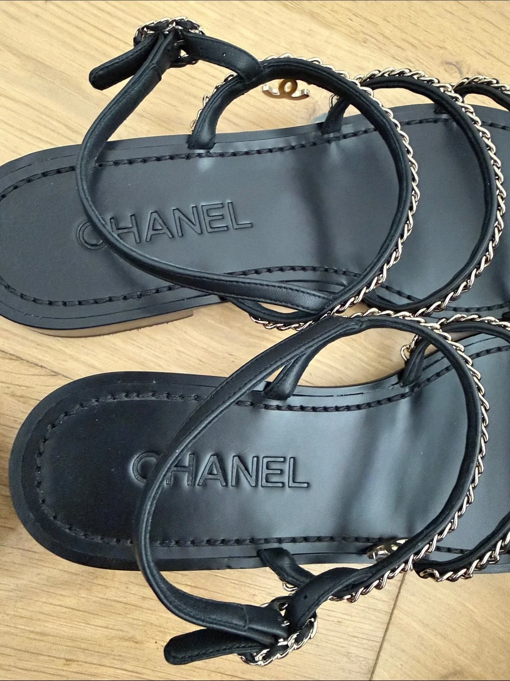 CHANEL Black Leather Chain-Strap Sandals with Gold CC Charm